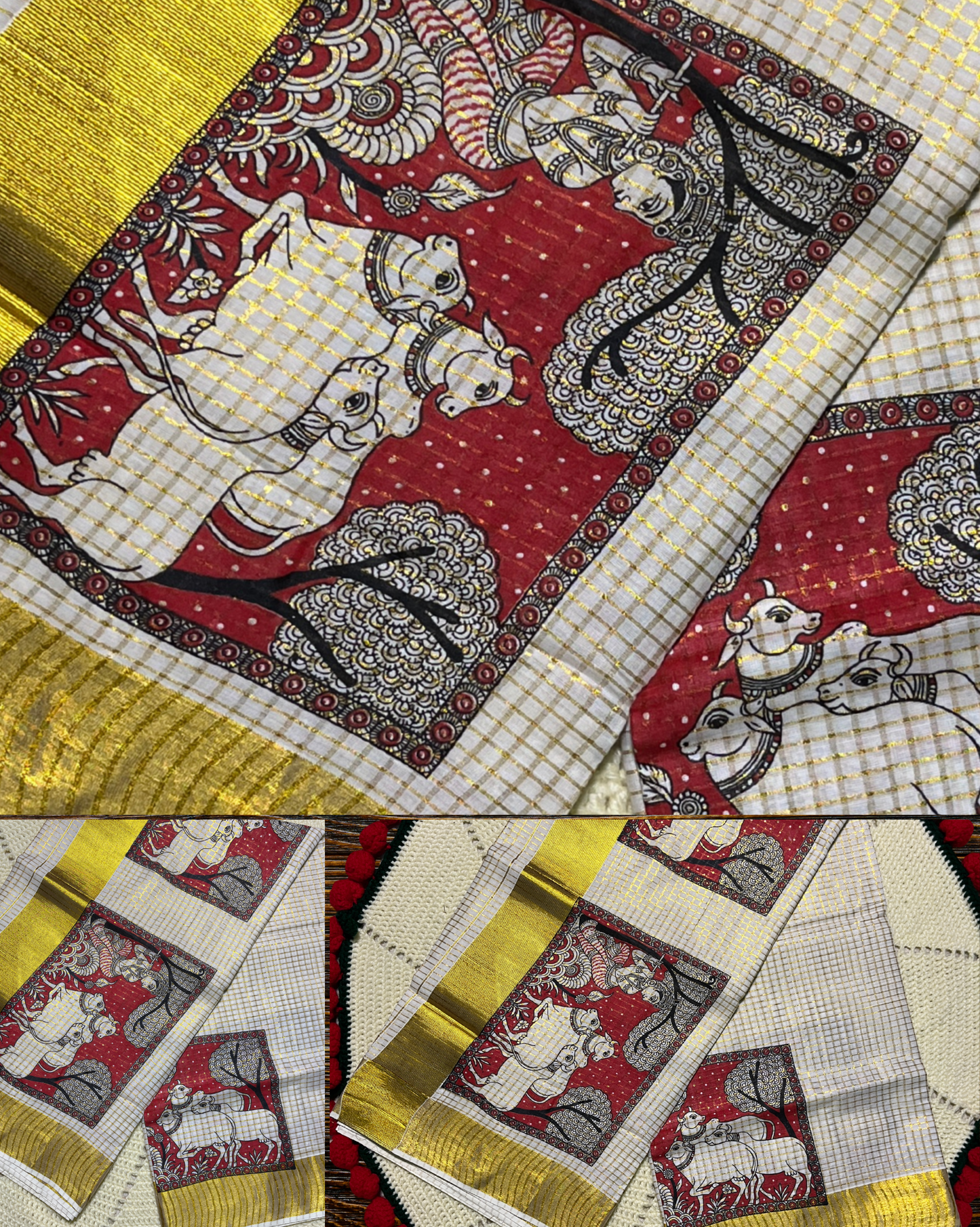 Kerala Saree with Mural Print of Krishna and Cows in Vrindavan