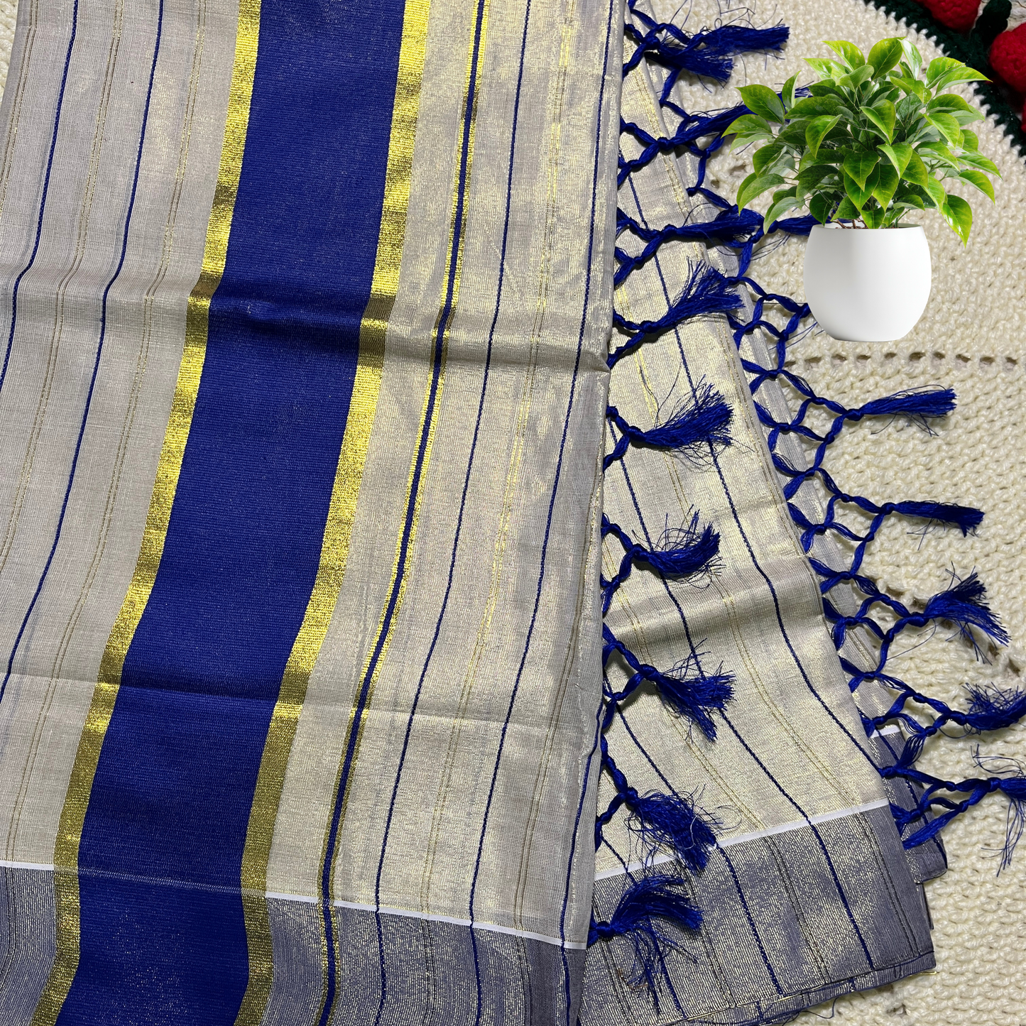 Premium Kuthampully Kerala Saree with Full Body Gold & Blue Colour Stripes