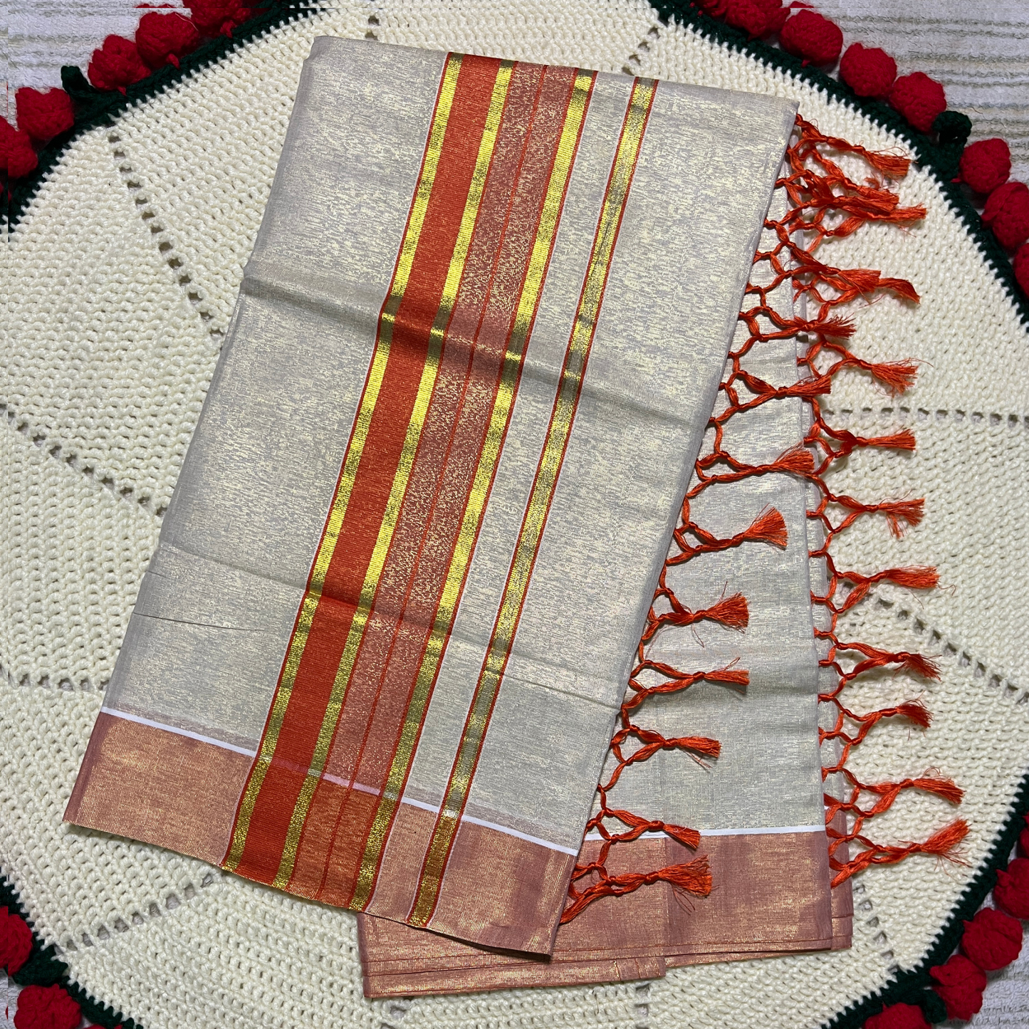 Premium Kuthampully Tissue Saree with Gold and Colour Border