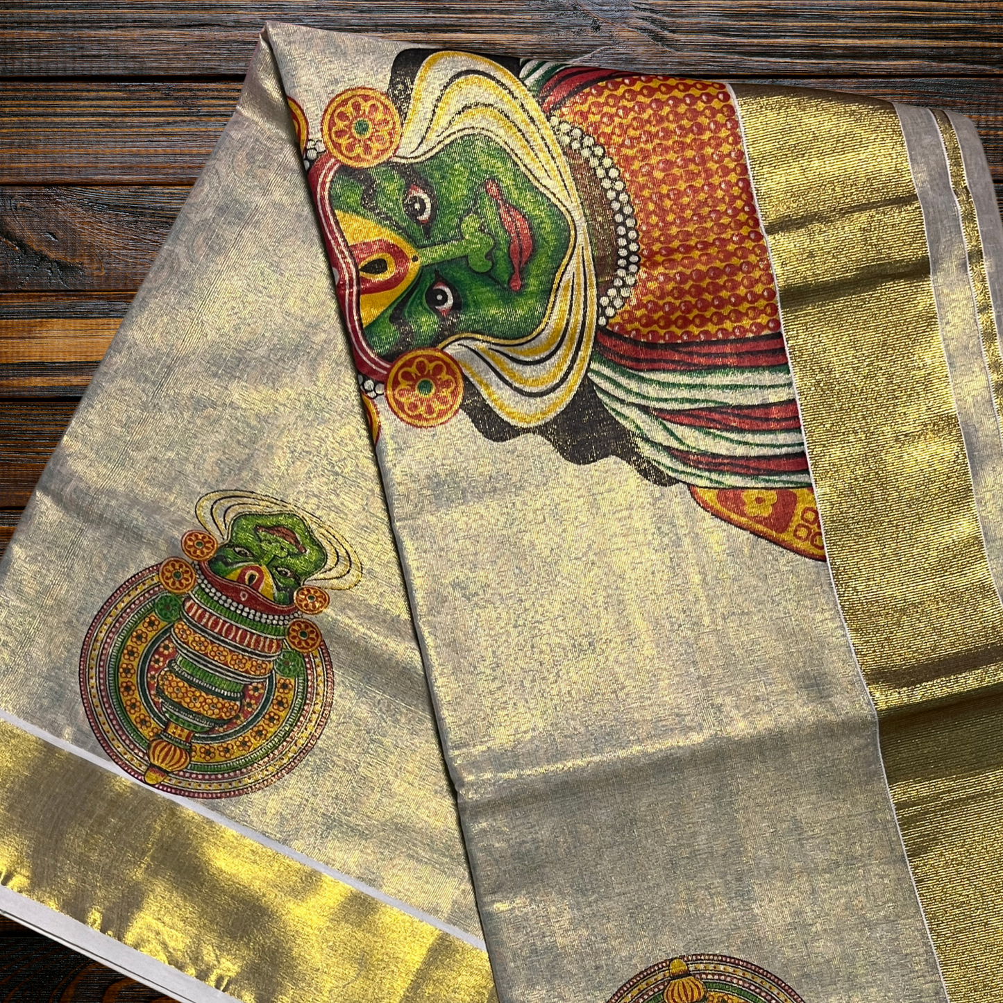 Premium Kerala Kuthanpully Tissue Saree with Big Kathakali Print