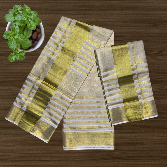 Premium Kuthampully Tissue Set Mundu with Unique thick Kasavu Stripes