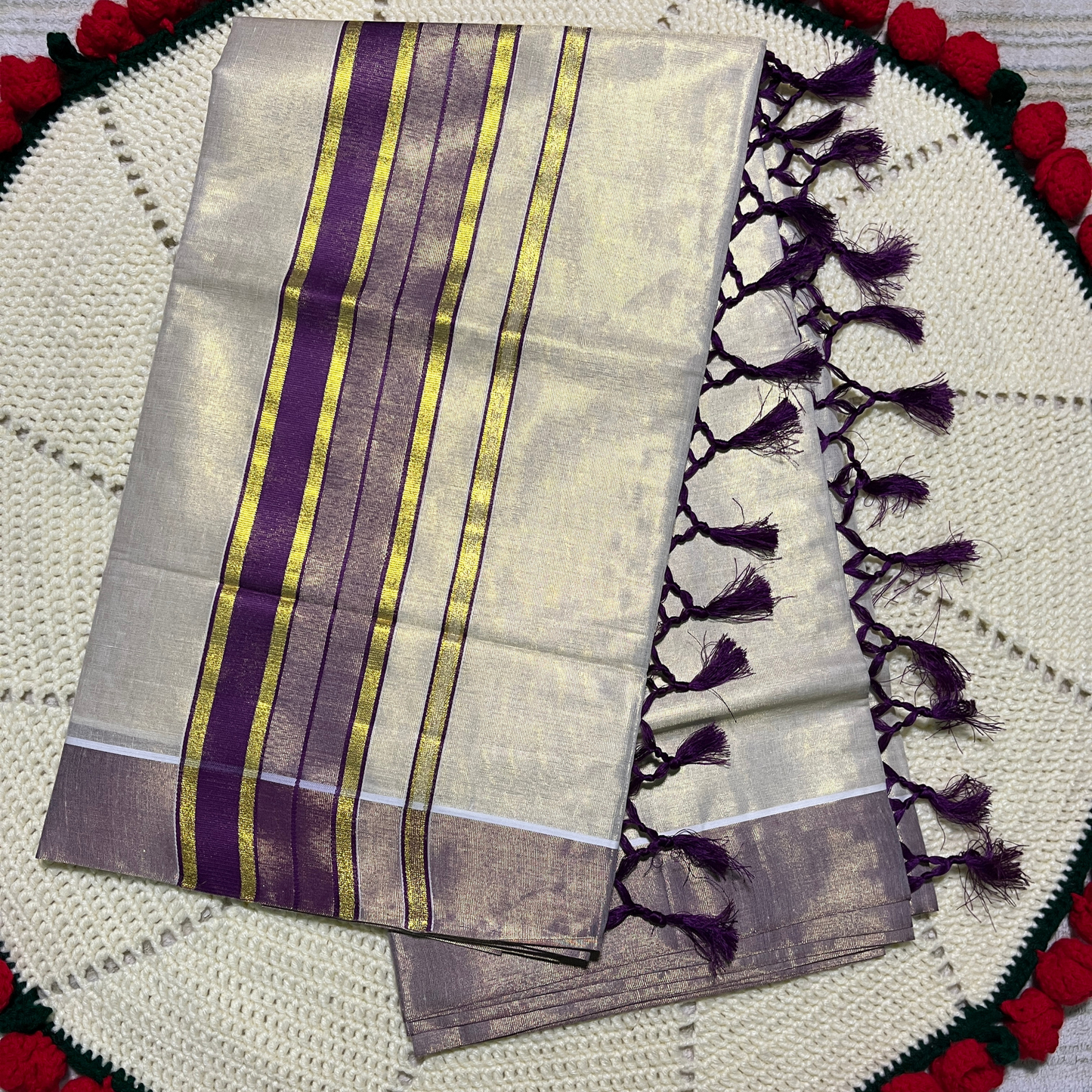 Premium Kuthampully Tissue Saree with Gold and Colour Border