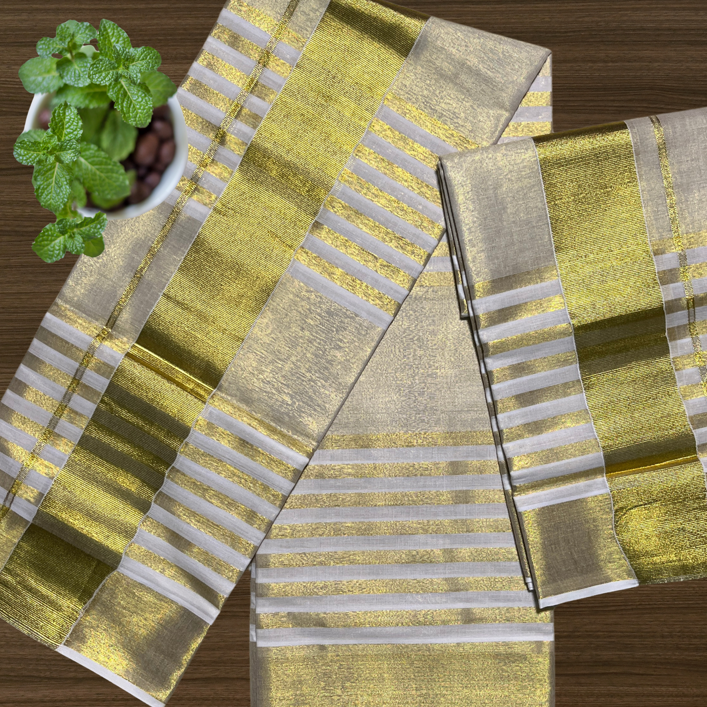 Premium Kuthampully Tissue Set Mundu with Unique thick Kasavu Stripes