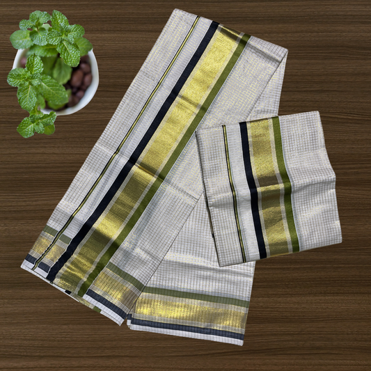 Premium Kuthampully Set Mundu with Full Body Checked Design and Kasavu/Colour Border