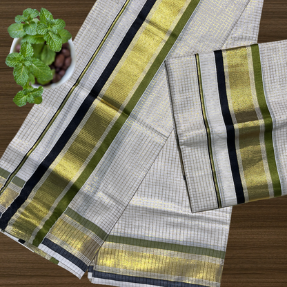 Premium Kuthampully Set Mundu with Full Body Checked Design and Kasavu/Colour Border