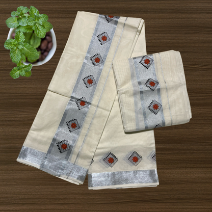 Premium Kuthampully Cotton Set Mundu with Silver Kasavu Kara and Floral design