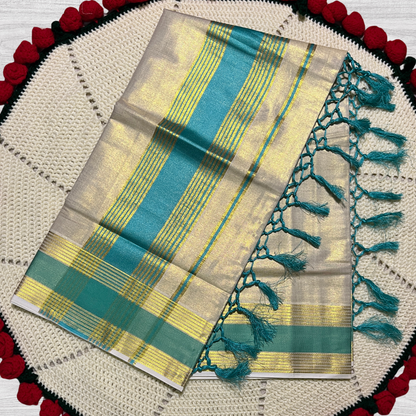 Premium Kuthampully Kerala Tissue Saree with Gold & Teal Kasavu/Border