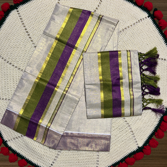 Premium Kuthampully Kerala Tissue Set Mundu with Dual Colour and Kasavu Border