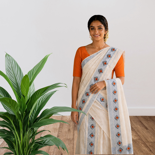 Premium Kuthampully Cotton Set Mundu with Silver Kasavu Kara and Floral design