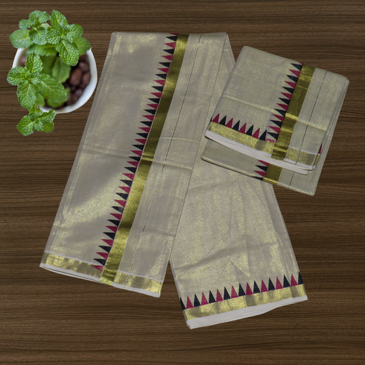 Premium Kuthampully Seet Mundu with Pyramid Design