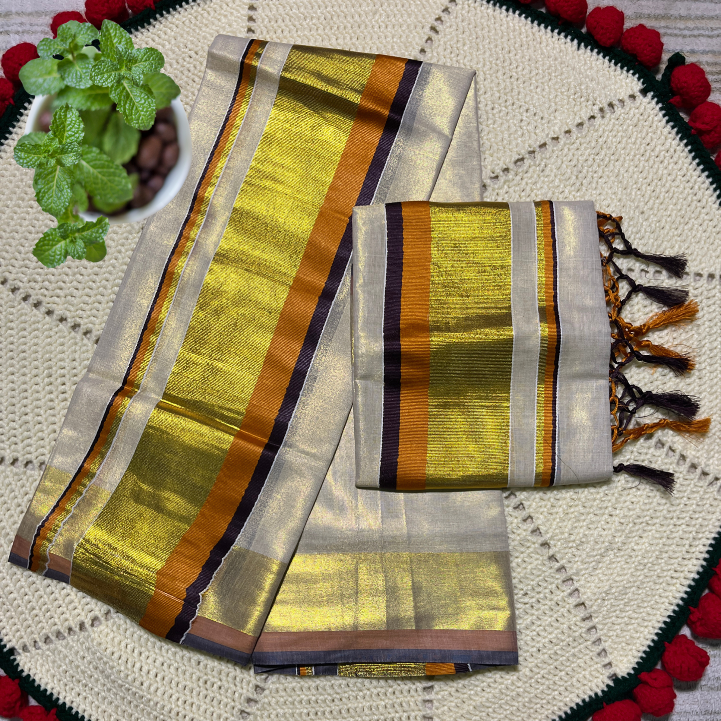 Premium Kuthampully Tissue Set Mundu with Gold Kasavu and Multi Colour Border