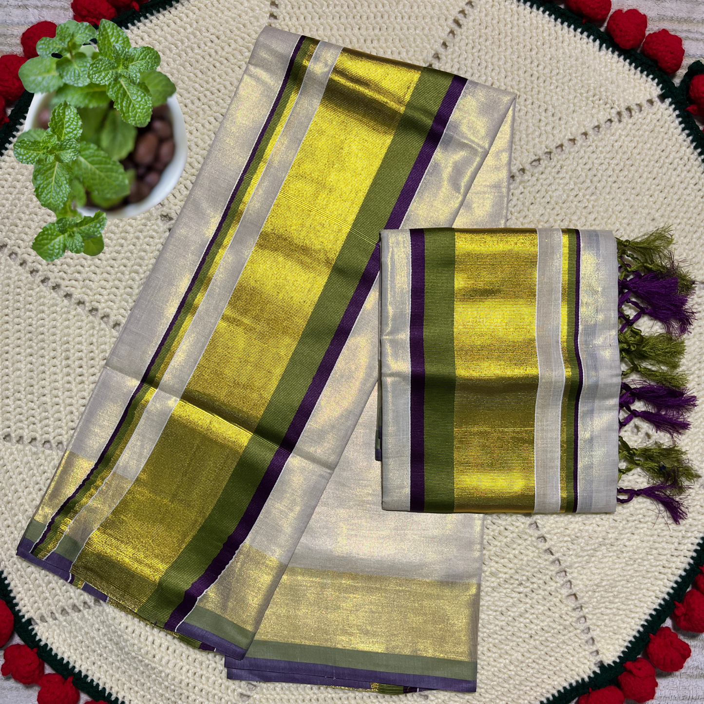 Premium Kuthampully Tissue Set Mundu with Gold Kasavu and Multi Colour Border