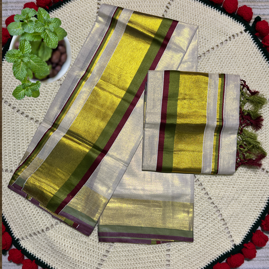 Premium Kuthampully Tissue Set Mundu with Gold Kasavu and Multi Colour Border