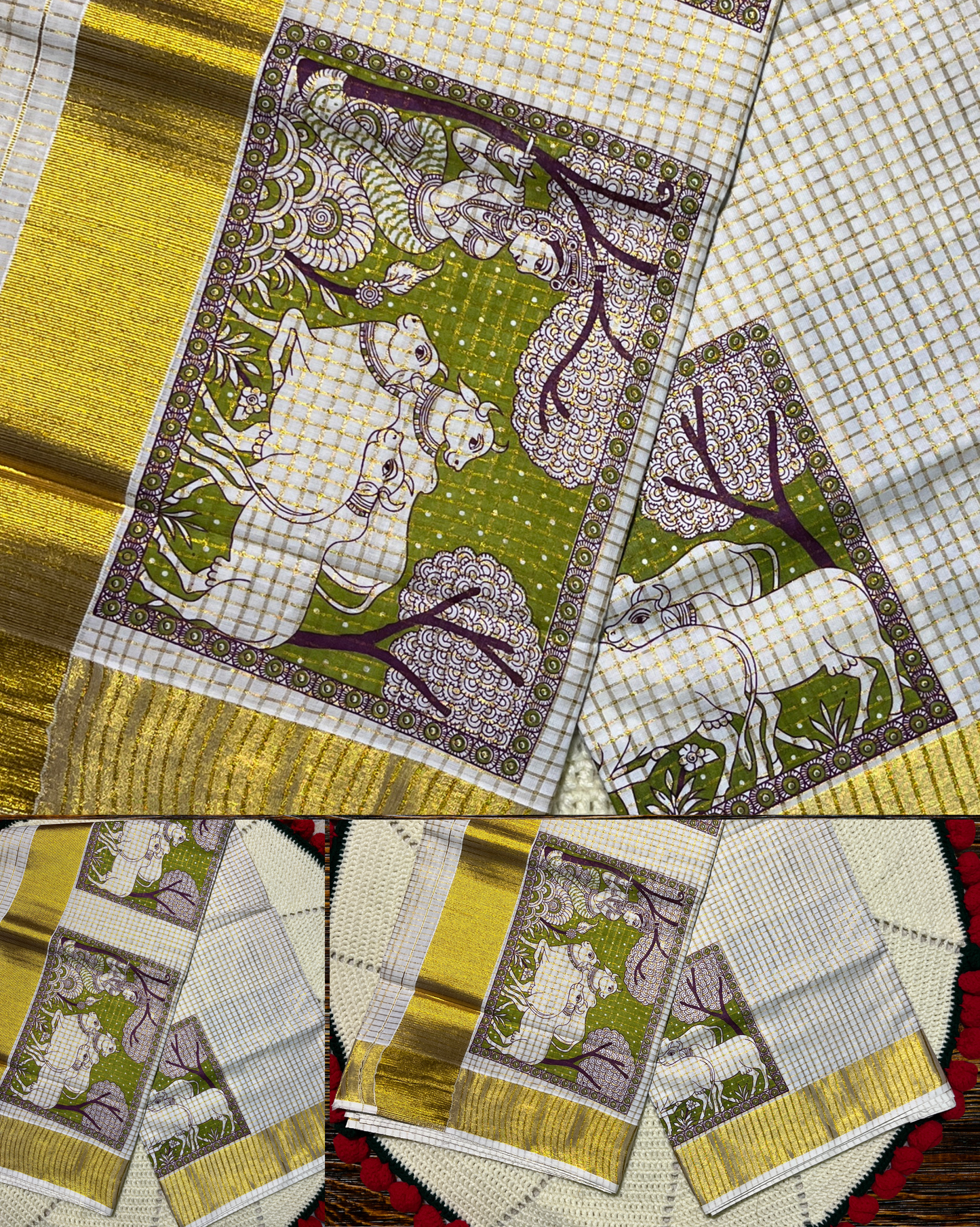 Kerala Saree with Mural Print of Krishna and Cows in Vrindavan