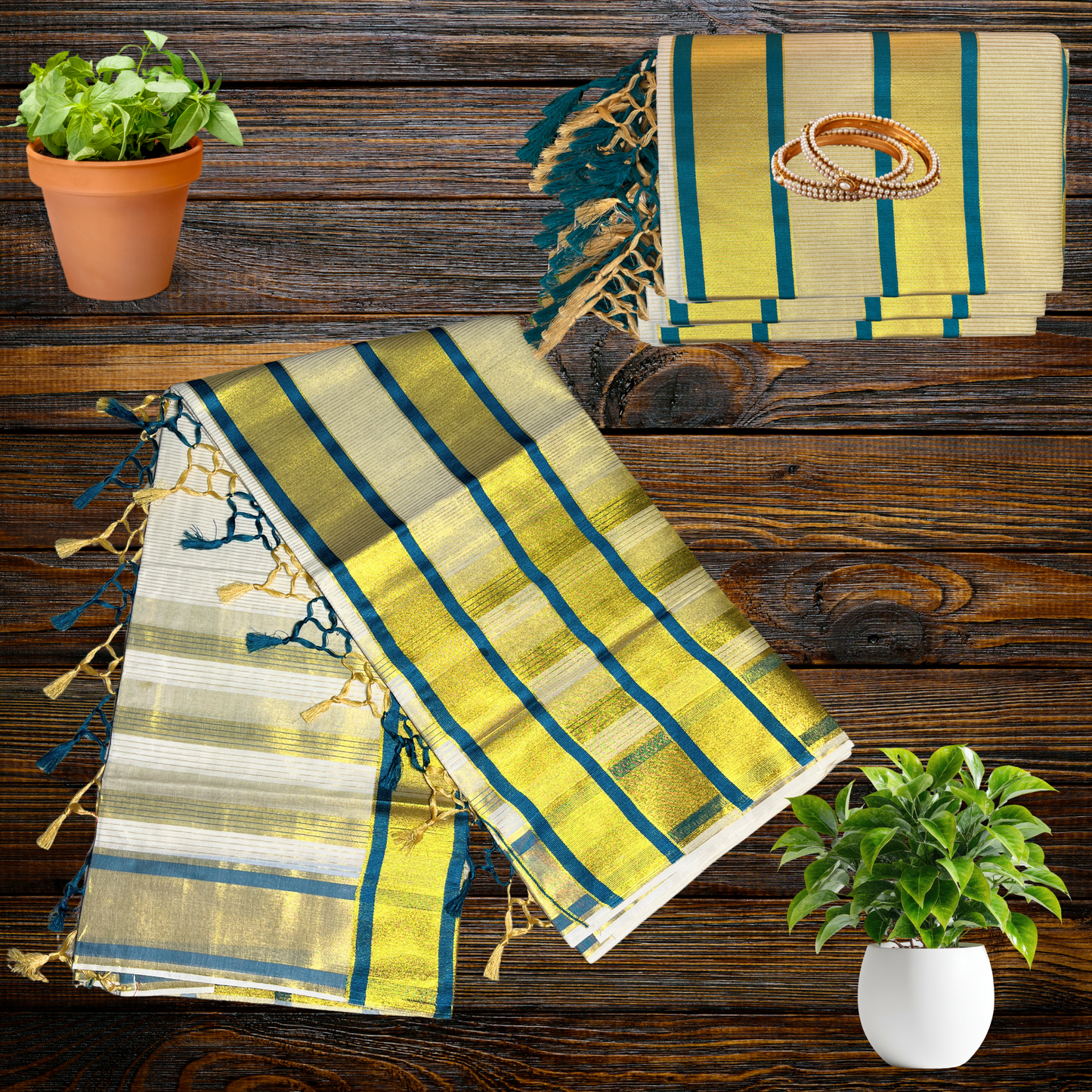 Premium Kuthampully Kerala Tissue Saree with Kasavu (gold) and colour border