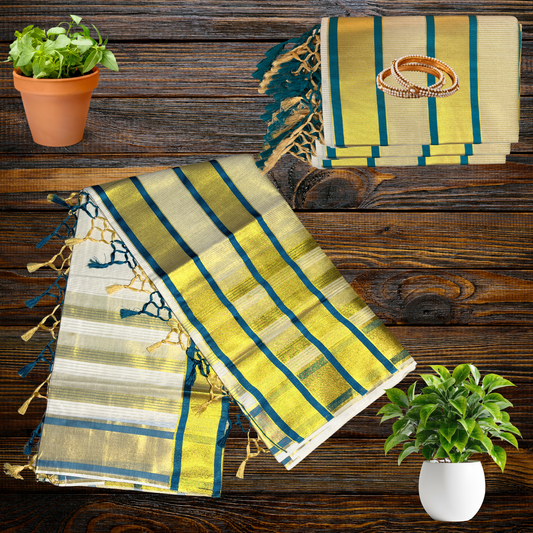 Premium Kuthampully Kerala Tissue Saree with Kasavu (gold) and colour border