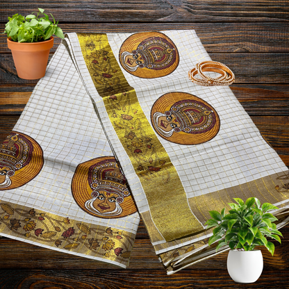 Premium Kathakali Print Kerala Saree with Full Body Check Design