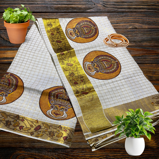 Premium Kathakali Print Kerala Saree with Full Body Check Design