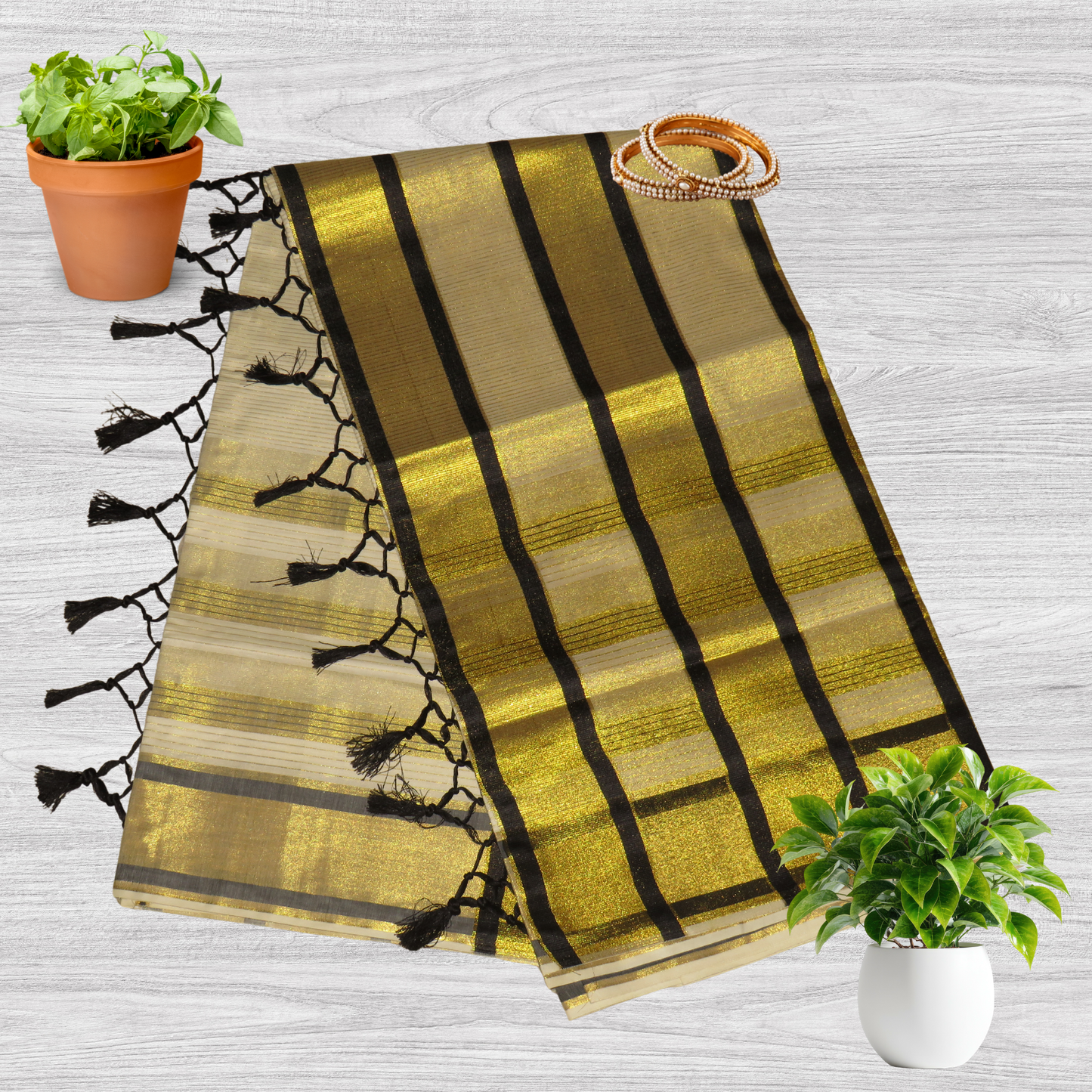Premium Kuthampully Kerala Tissue Saree with Kasavu (gold) and colour border