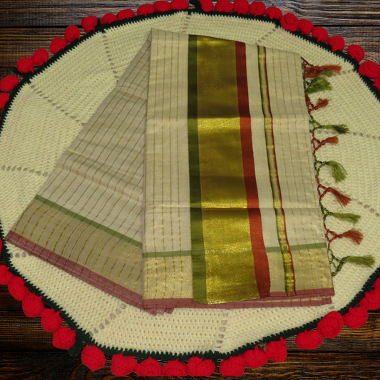 Premium Kuthampully Kerala Saree with Full Body Golden Stripes