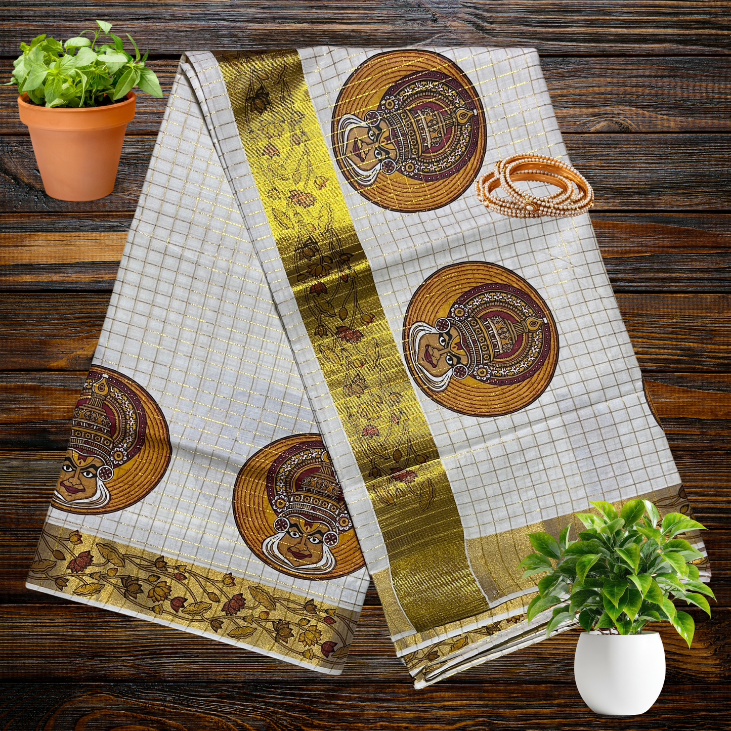 Premium Kathakali Print Kerala Saree with Full Body Check Design