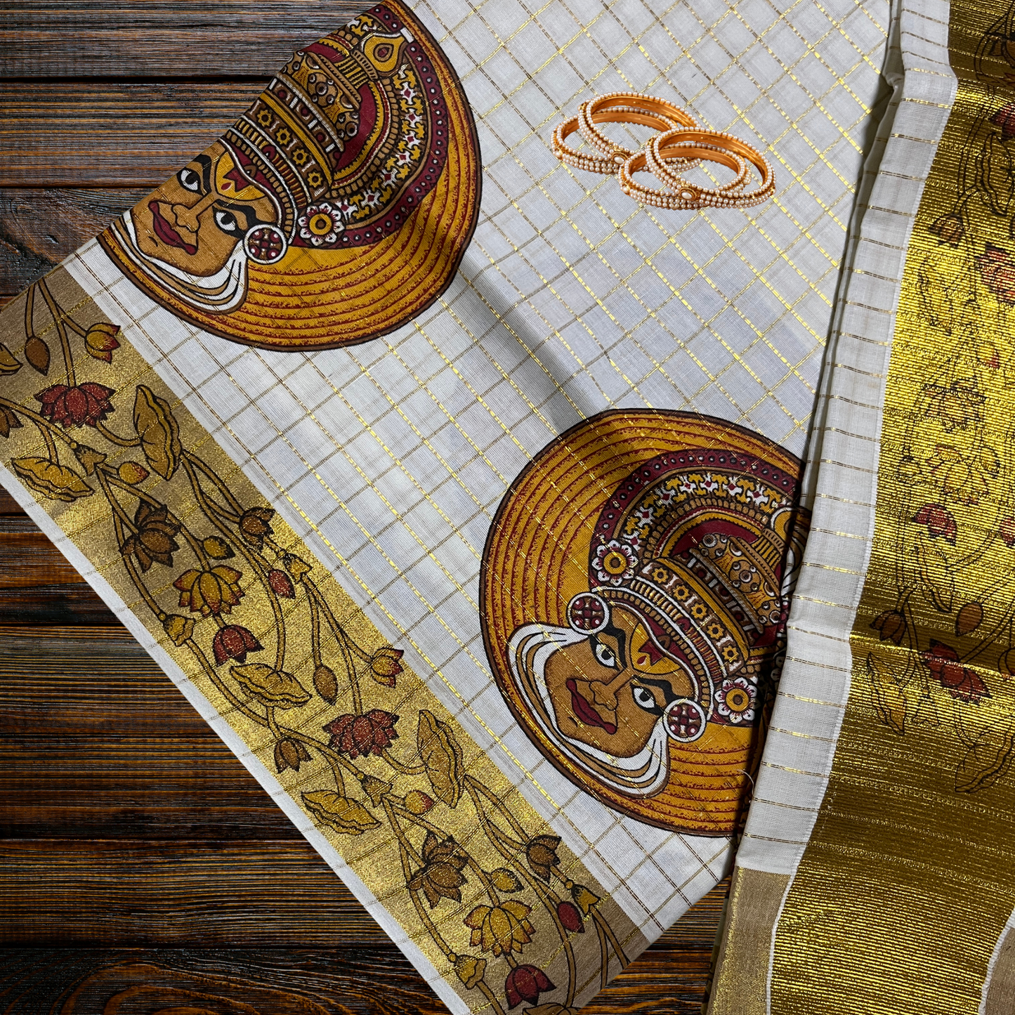 Premium Kathakali Print Kerala Saree with Full Body Check Design