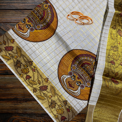 Premium Kathakali Print Kerala Saree with Full Body Check Design