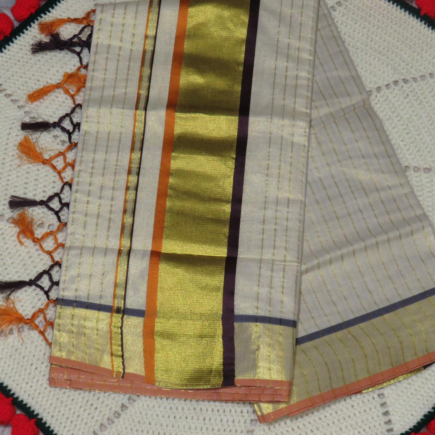 Premium Kuthampully Kerala Saree with Full Body Golden Stripes