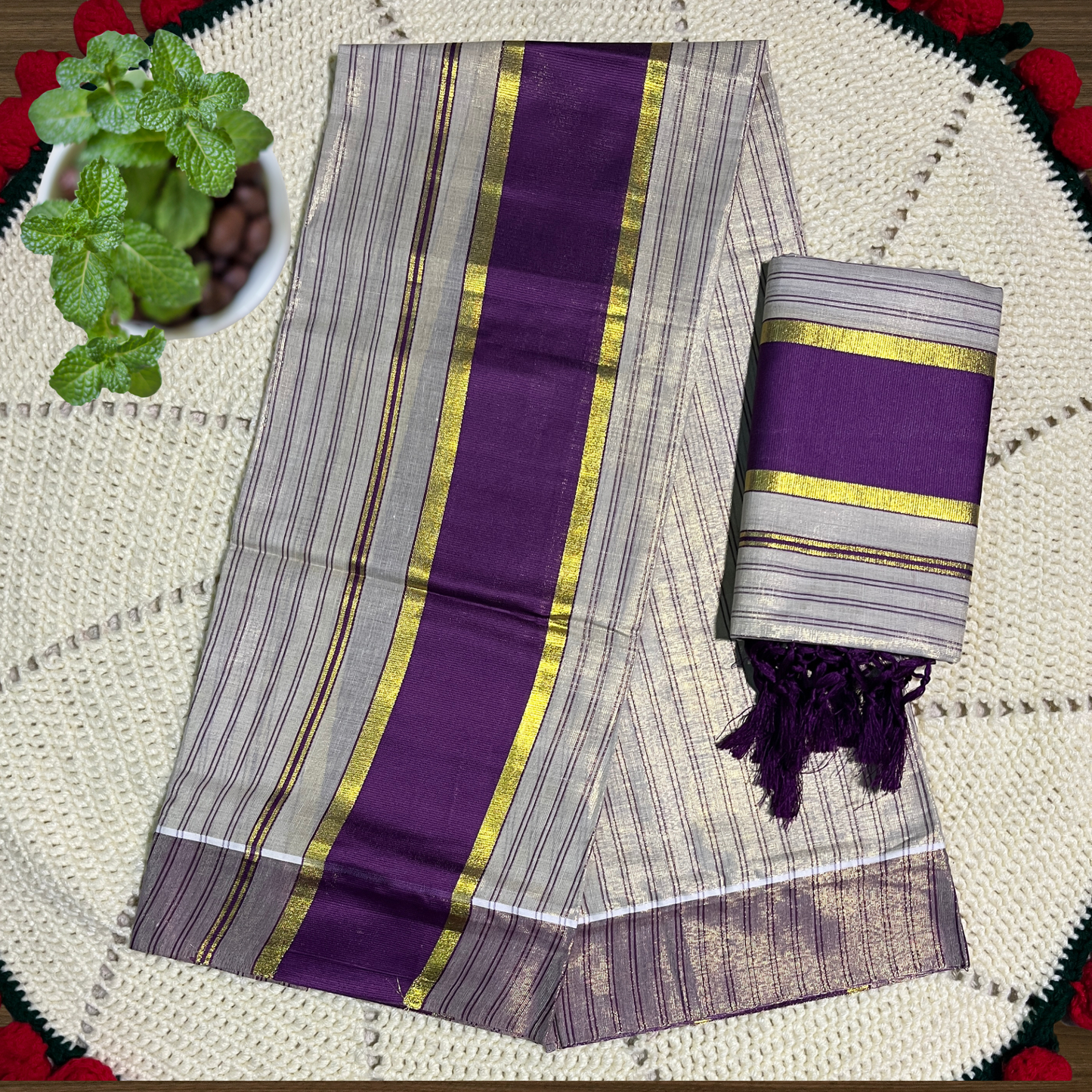 Premium Kuthampully Tissue Set Mundu with Full Body Stripes and Kasavu border