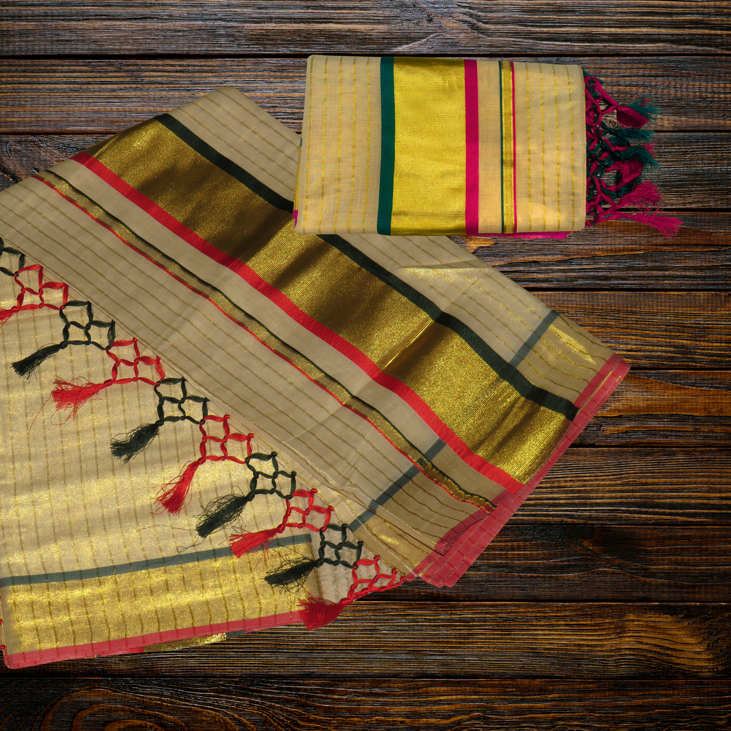 Premium Kuthampully Kerala Saree with Full Body Golden Stripes