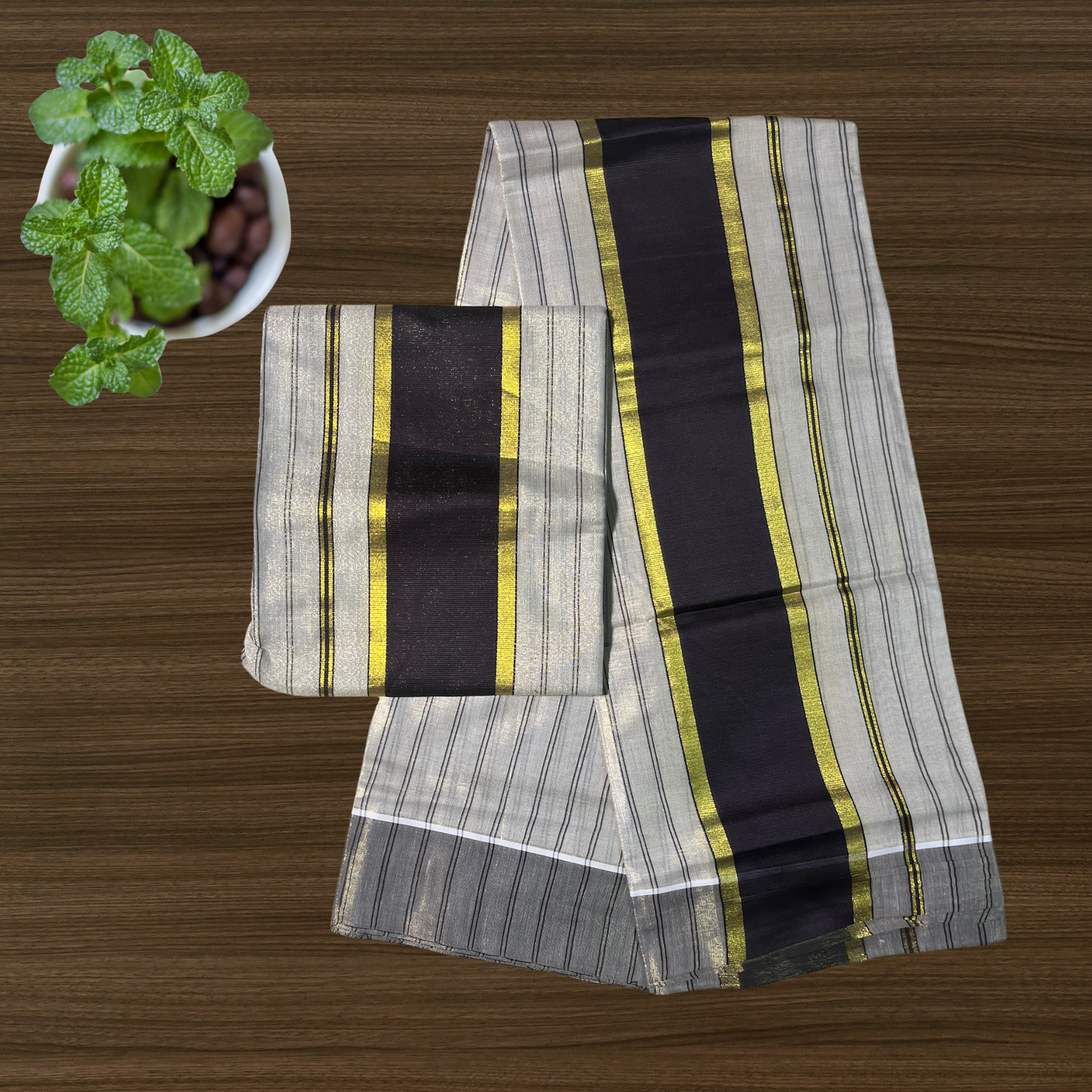 Premium Kuthampully Tissue Set Mundu with Full Body Stripes and Kasavu border