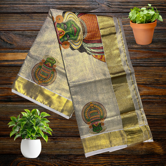 Premium Kerala Kuthanpully Tissue Saree with Big Kathakali Print
