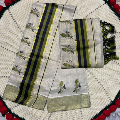 Premium Kuthampully Tissue Set Mundu with Peacock Feather 🦚(മയിൽ പീലി) and Flute 🪈