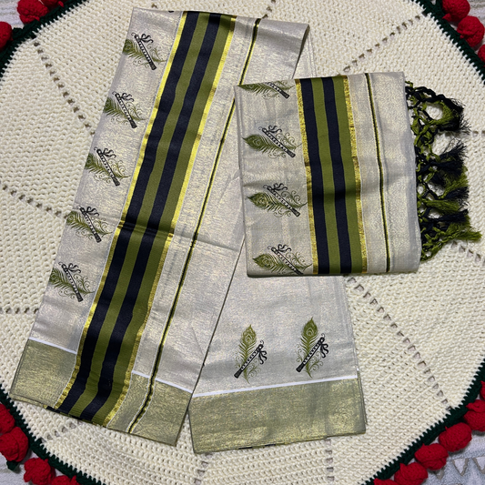 Premium Kuthampully Tissue Set Mundu with Peacock Feather 🦚(മയിൽ പീലി) and Flute 🪈