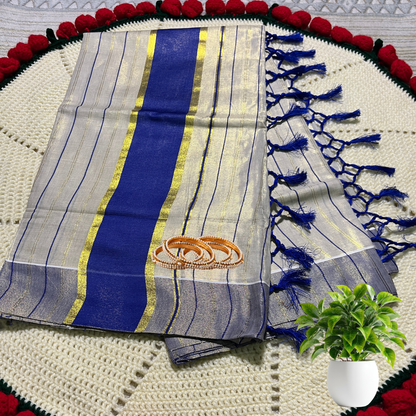 Premium Kuthampully Kerala Saree with Full Body Gold & Blue Colour Stripes