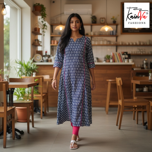 Cotton Block Printed A-line Kurti (Top Only)