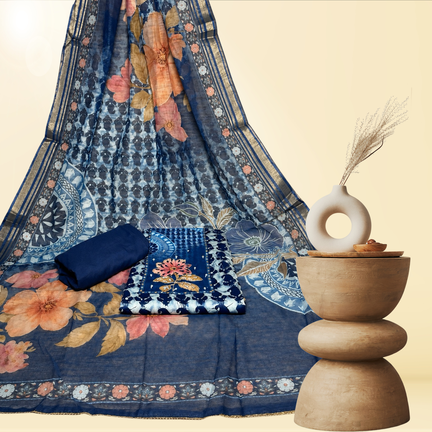 Soft Cotton white 3-Piece Salwar Suit with Indigo print (Unstitched)