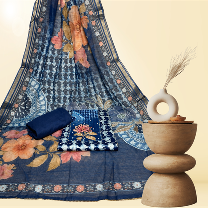 Soft Cotton white 3-Piece Salwar Suit with Indigo print (Unstitched)