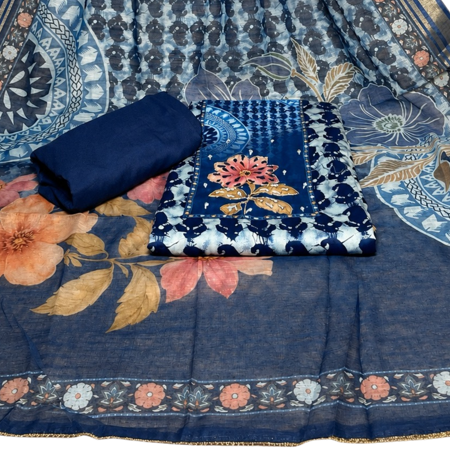 Soft Cotton white 3-Piece Salwar Suit with Indigo print (Unstitched)