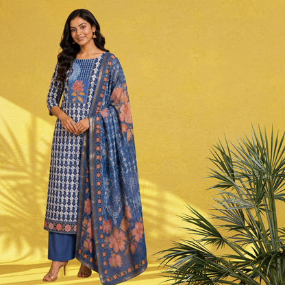 Soft Cotton white 3-Piece Salwar Suit with Indigo print (Unstitched)