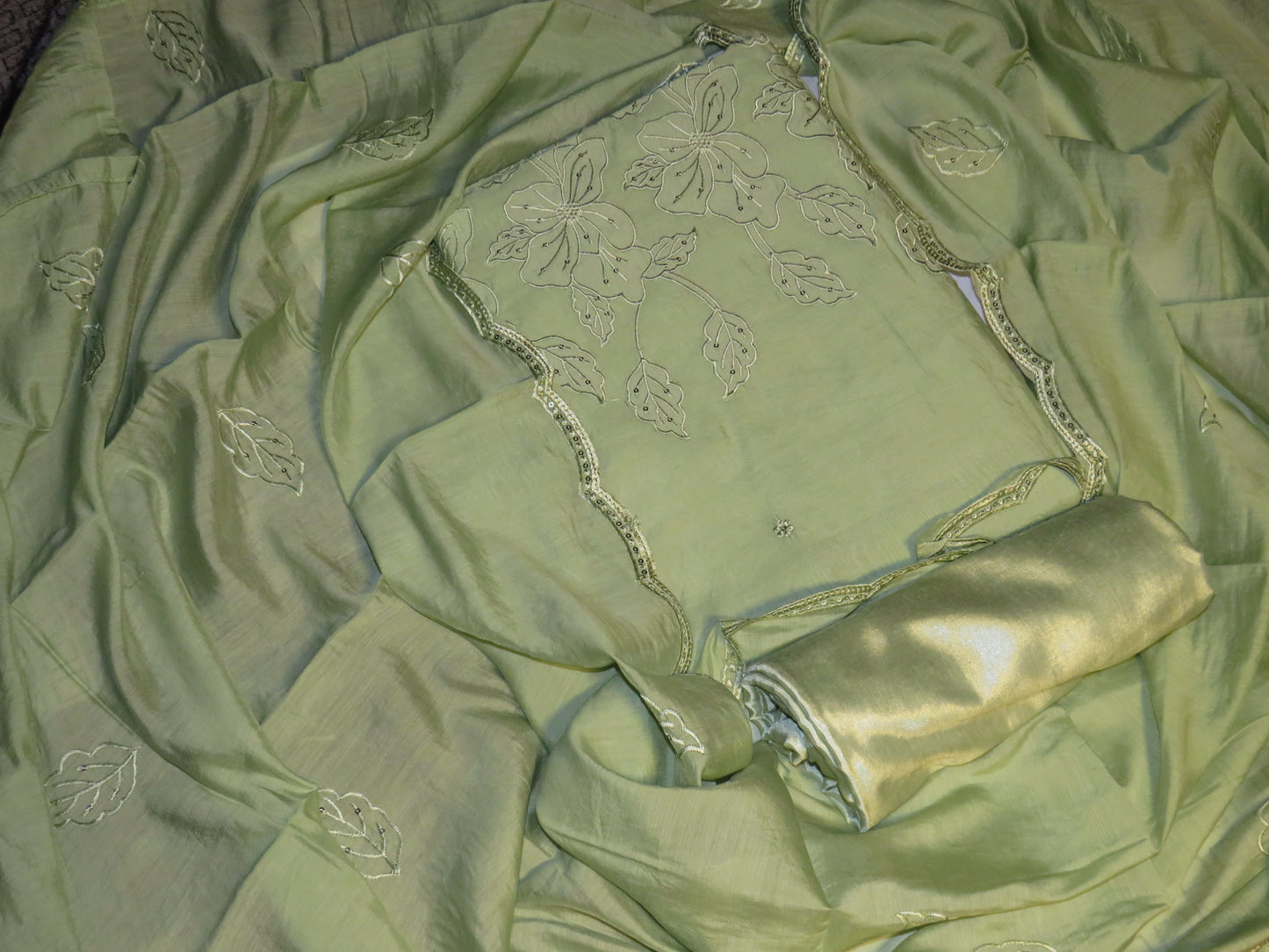 Mul Chanderi Embroidered Unstitched Salwar Suit