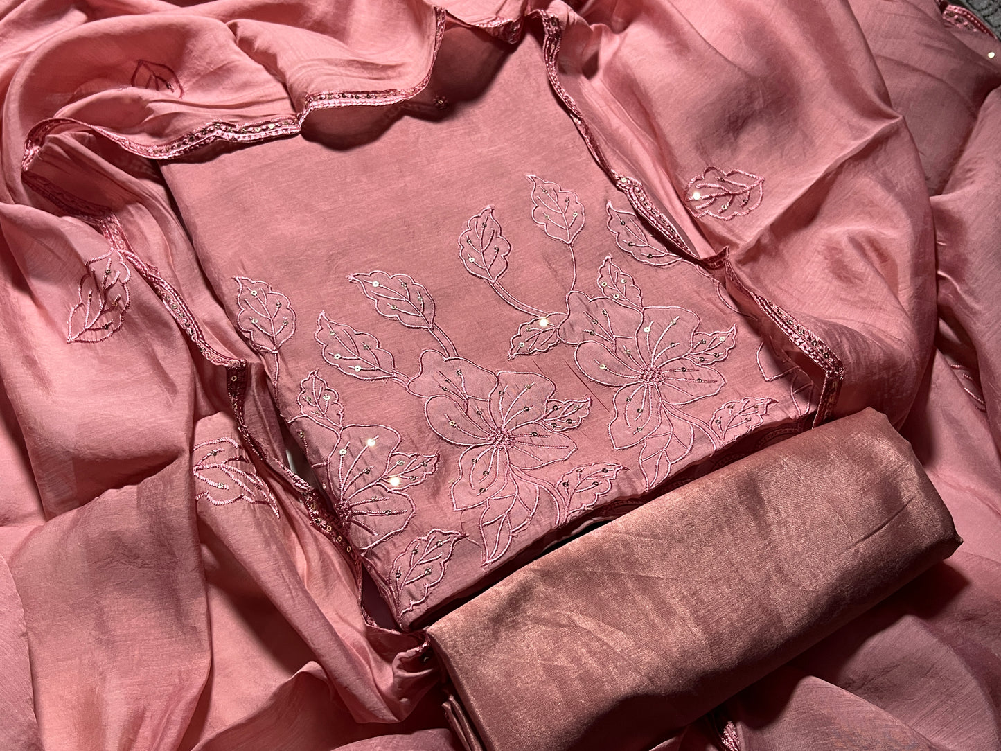 Mul Chanderi Embroidered Unstitched Salwar Suit