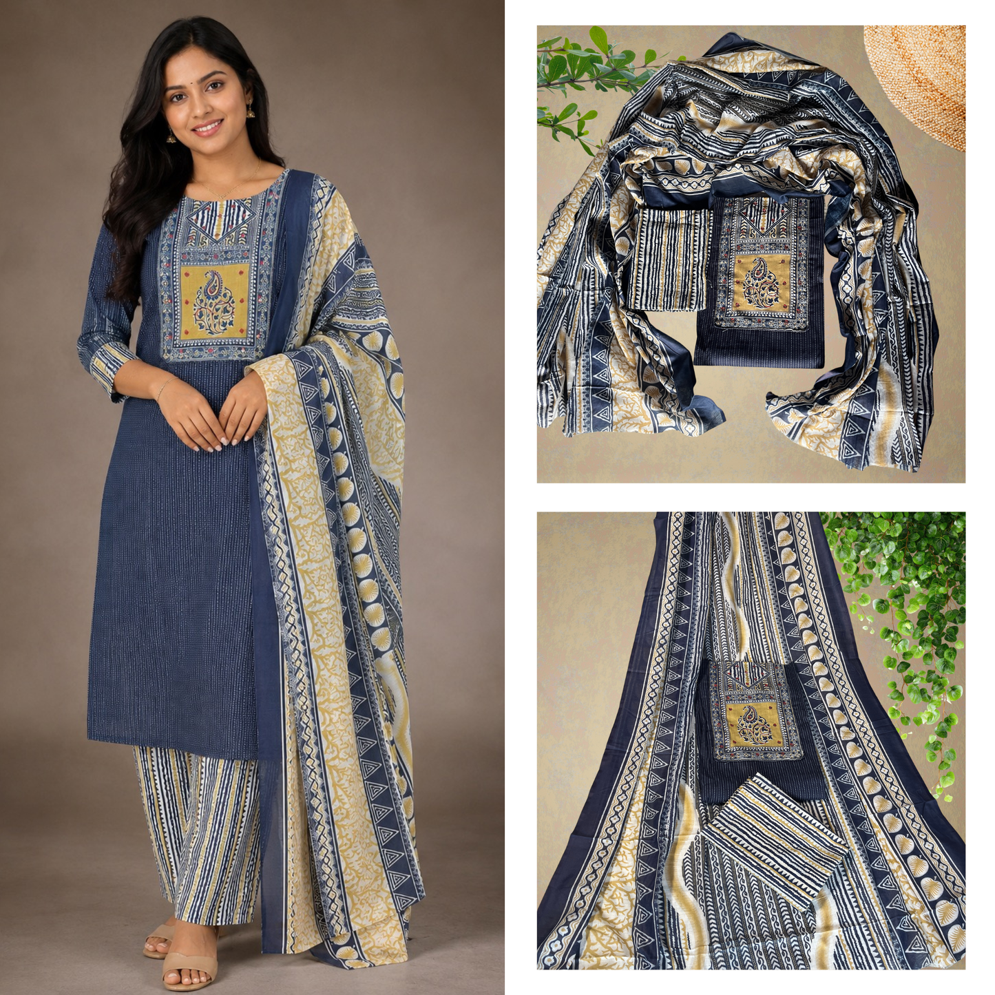Kantha Cotton 3-Piece Salwar Suit (Unstitched)