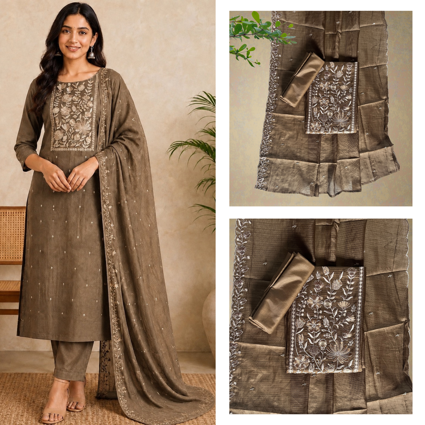 Net Cotta 3-Piece Salwar Suit with Embroidery in Yoke (Unstitched)