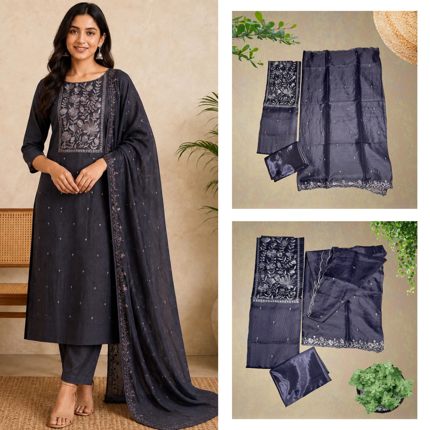 Net Cotta 3-Piece Salwar Suit with Embroidery in Yoke (Unstitched)