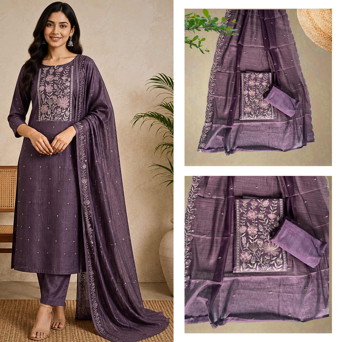 Net Cotta 3-Piece Salwar Suit with Embroidery in Yoke (Unstitched)