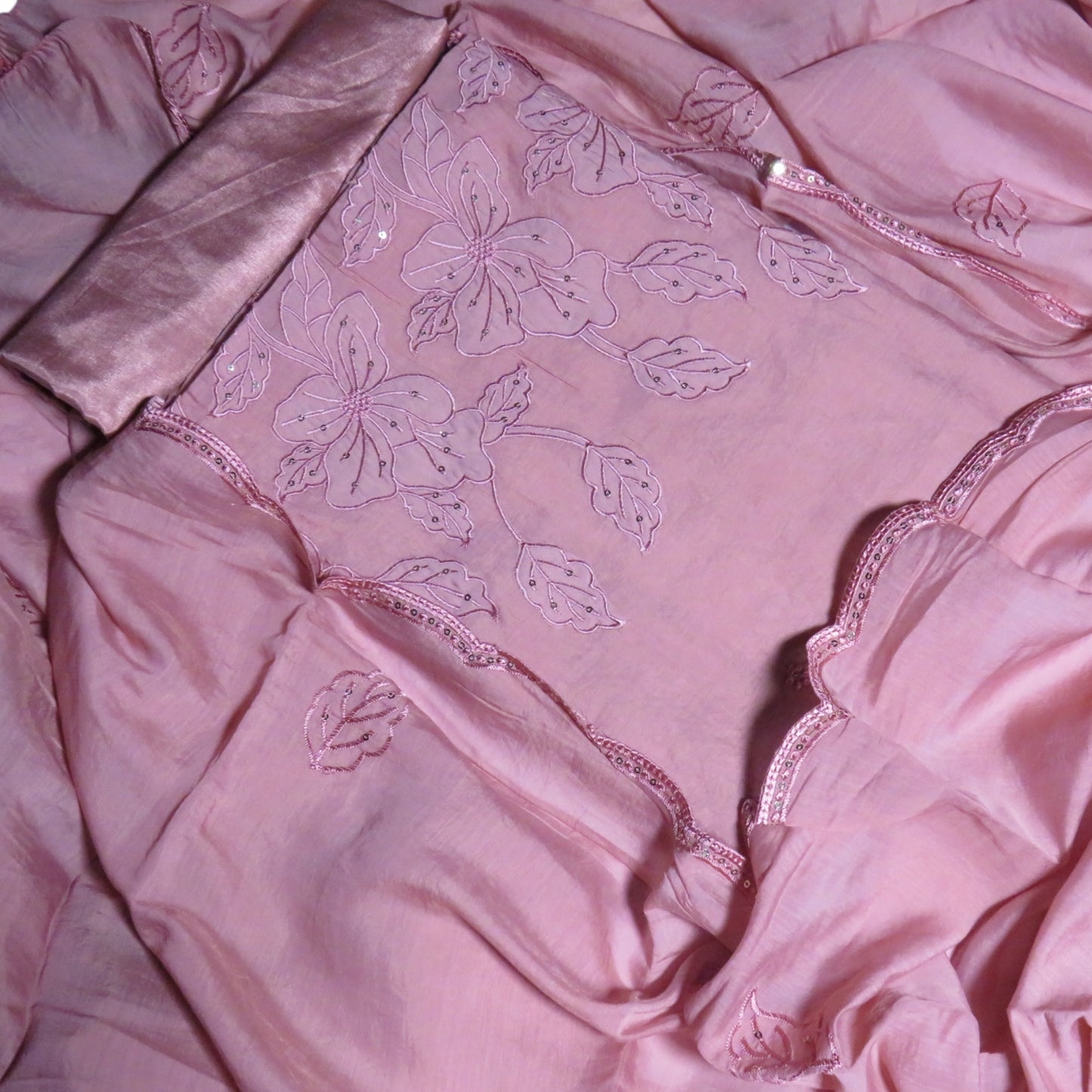 Mul Chanderi Embroidered Unstitched Salwar Suit