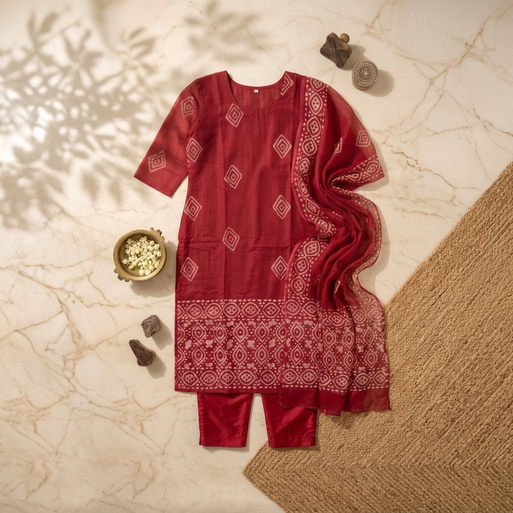 Net Cotta Batik Print 3 Piece Salwar Set (Ready to wear)
