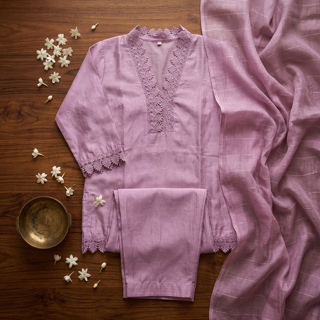 Slub Silk with Lace Work on 'V'Neck - 3 Piece Salwar Set (Ready to wear)