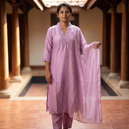 Slub Silk with Lace Work on 'V'Neck - 3 Piece Salwar Set (Ready to wear)